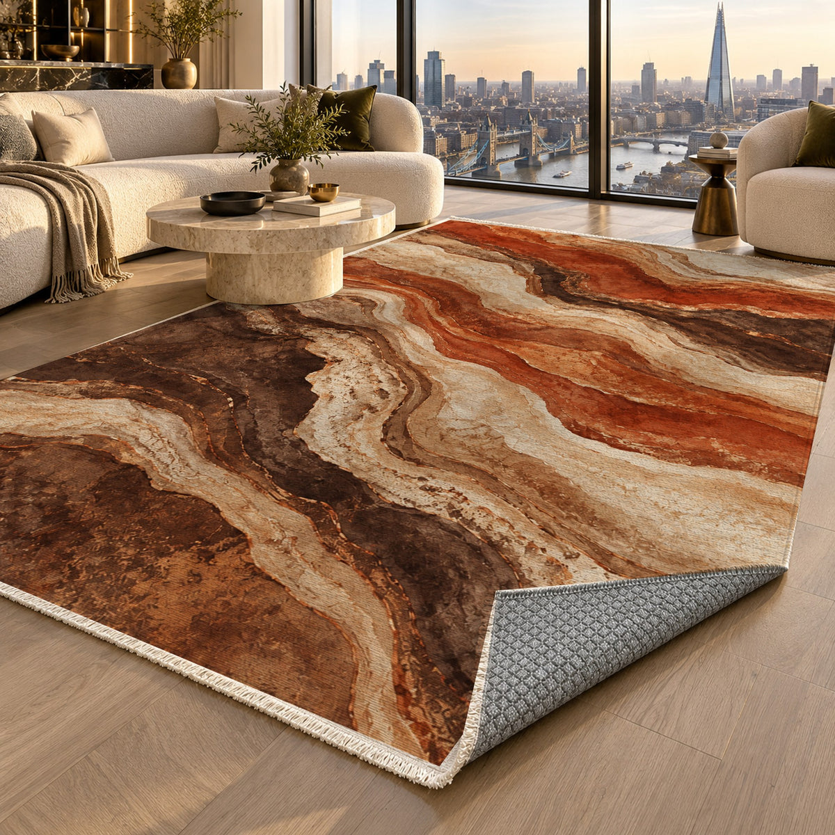 Geological Layers Terracotta Abstract Washable Rug — london luxury living