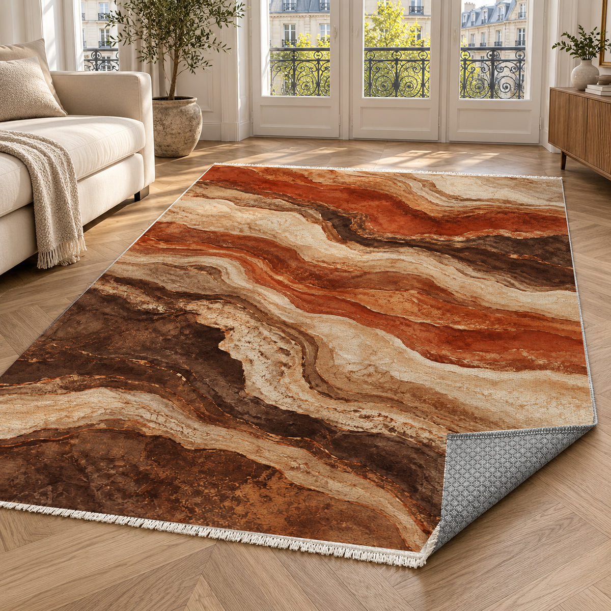 Geological Layers Terracotta Abstract Washable Rug — paris living