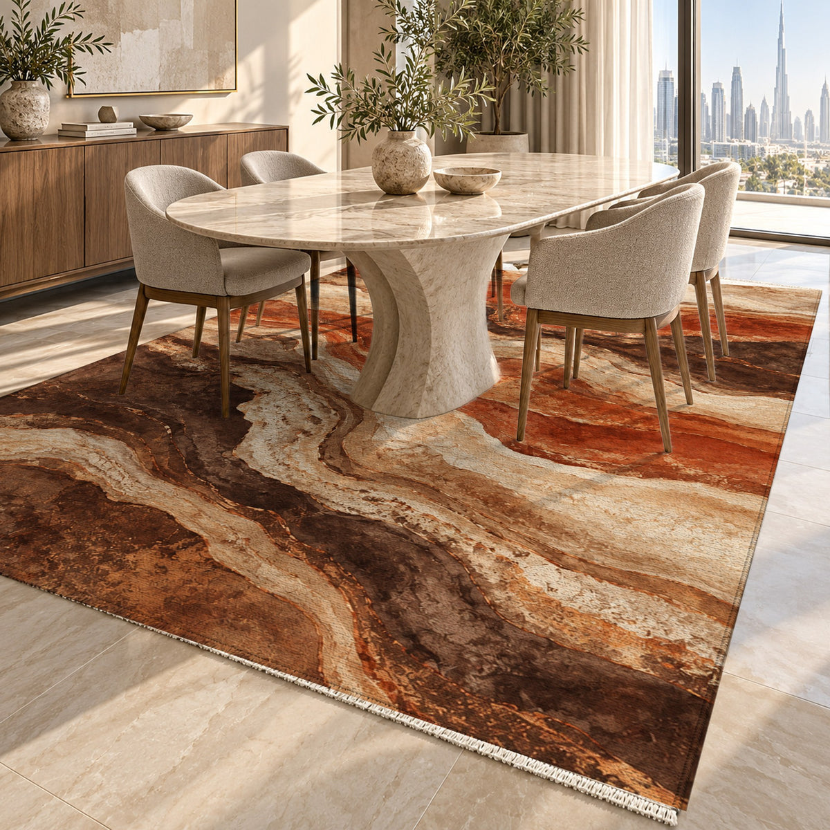 Geological Layers Terracotta Abstract Washable Rug — dubai dining