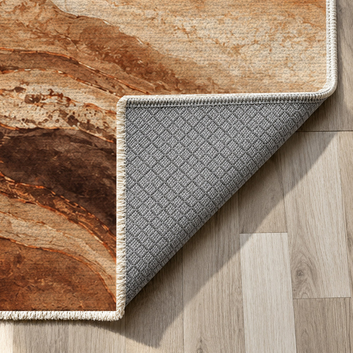 Geological Layers Terracotta Abstract Washable Rug — backing close up