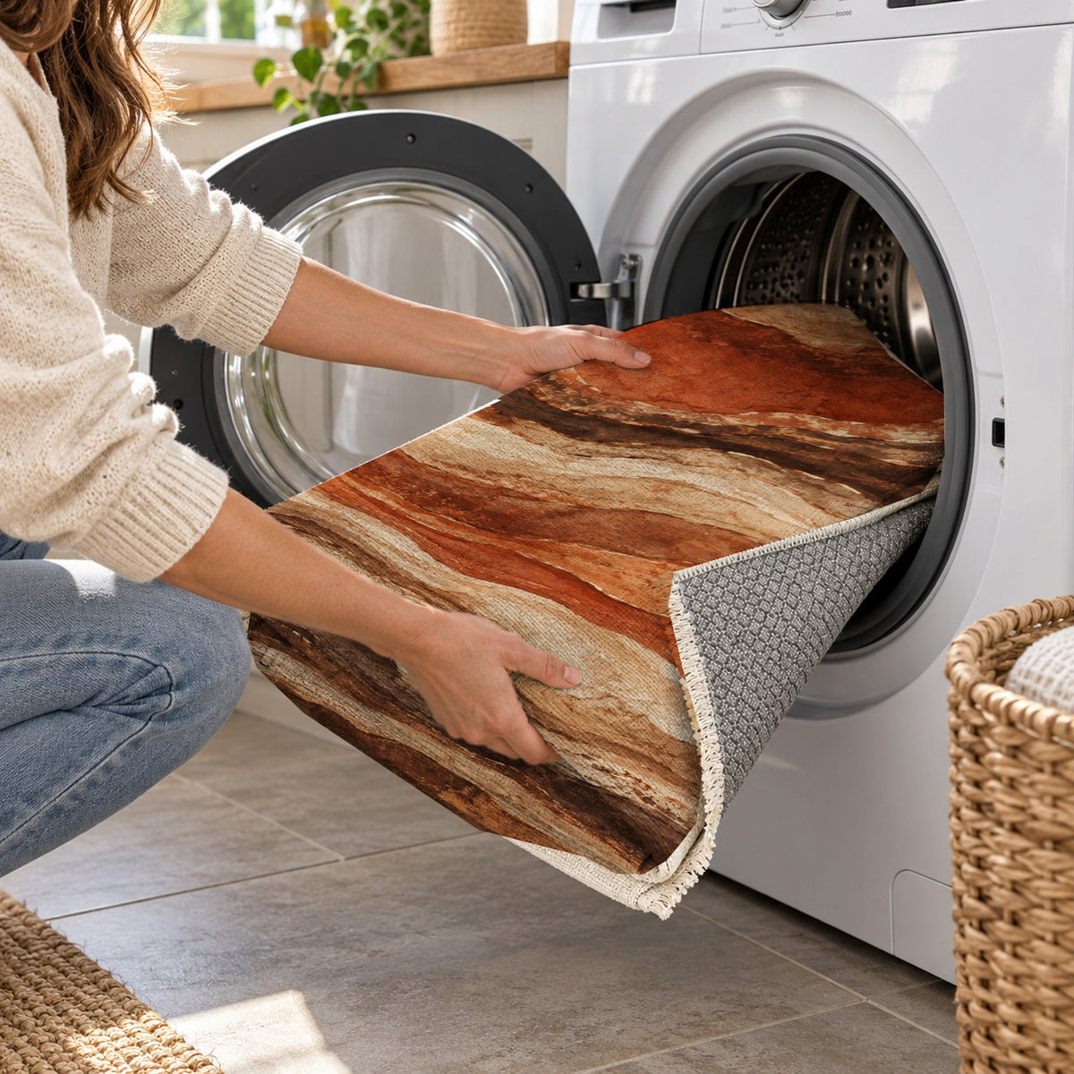 Geological Layers Terracotta Abstract Washable Rug — washing machine