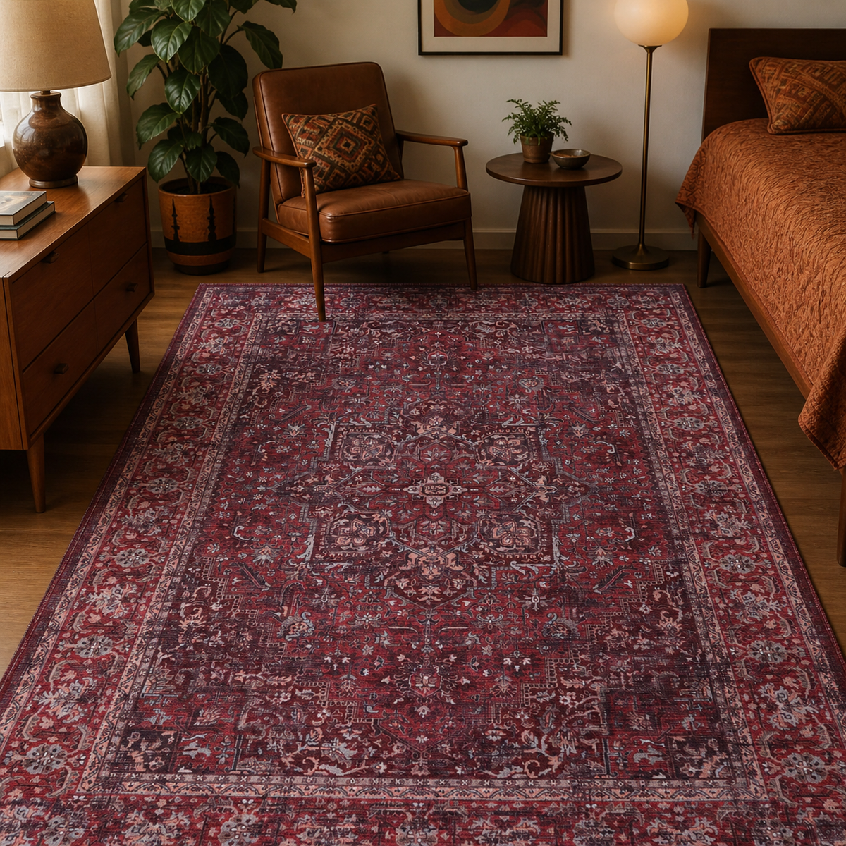 Germanica Washable 1310 — washable 1310 burgundy red traditional mid century bedroom rug 32