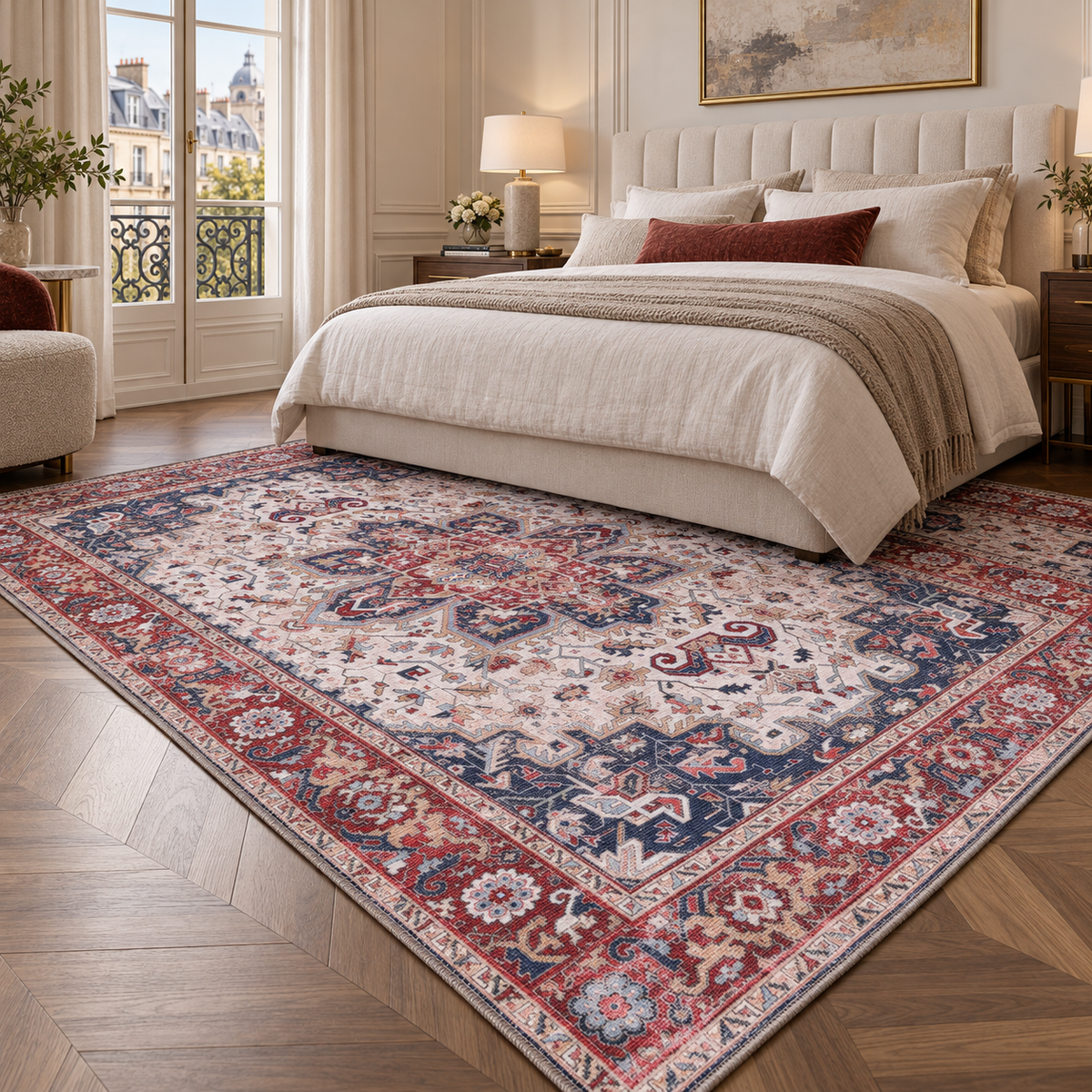 Germanica Washable 1323 — washable 1323 ivory navy red medallion bedroom rug 03