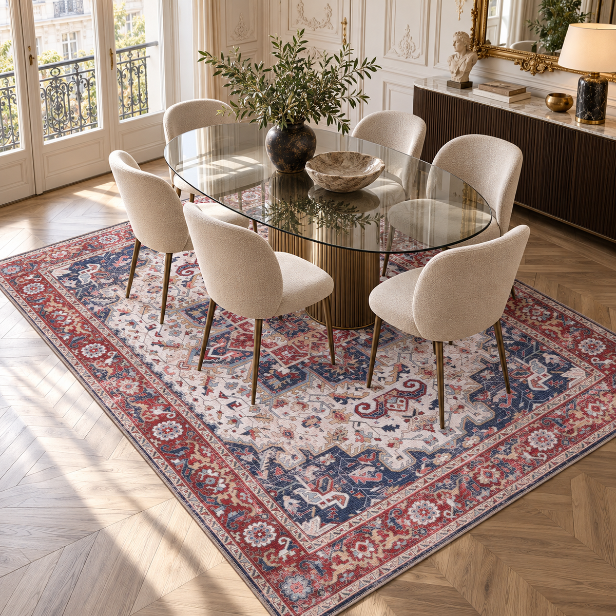 Germanica Washable 1323 — washable 1323 ivory navy red medallion dining room rug 06
