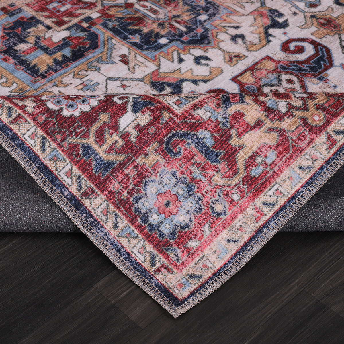 Germanica Washable 1323 — washable 1323 ivory navy red medallion folded corner close up rug 17