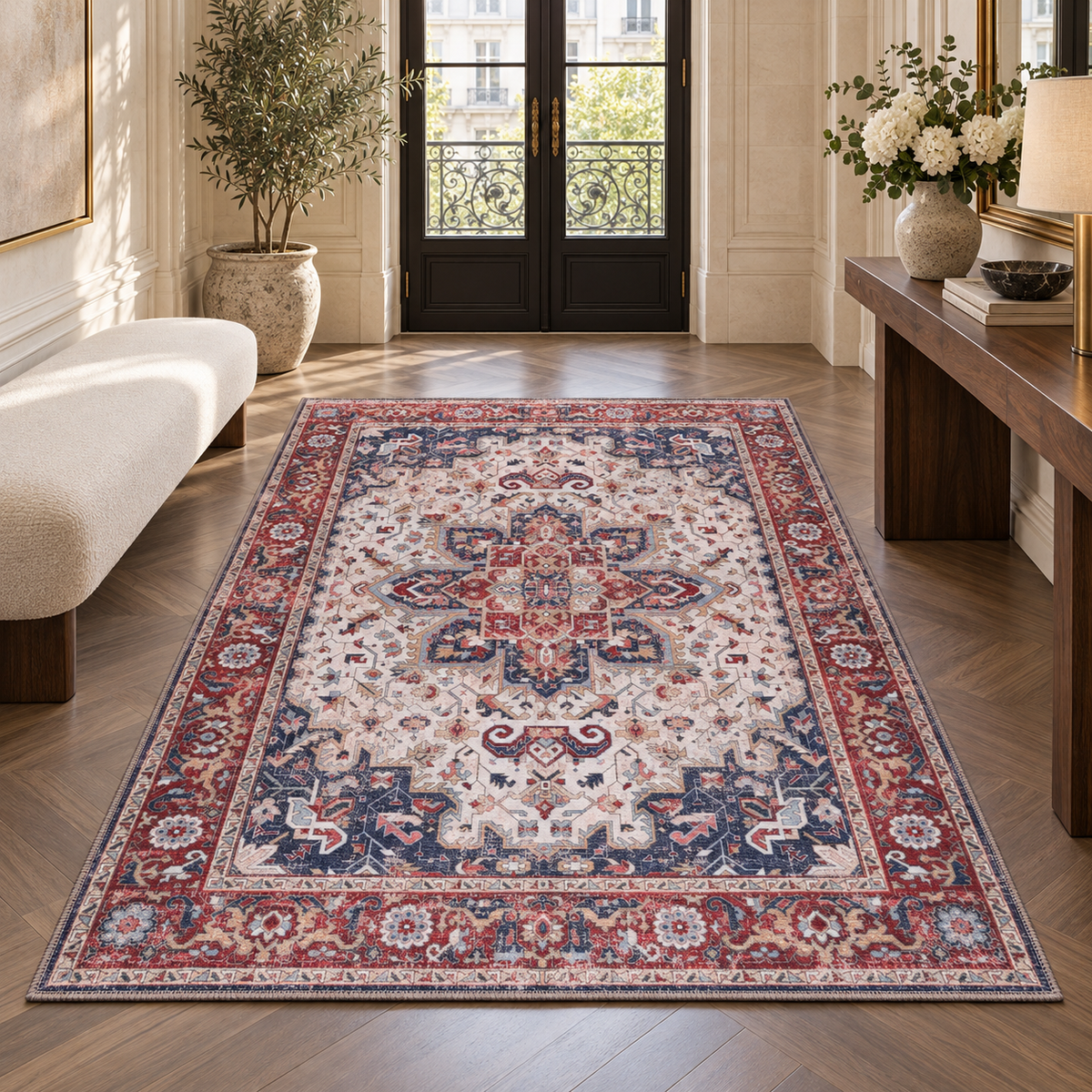 Germanica Washable 1323 — washable 1323 ivory navy red medallion hallway entrance rug 09