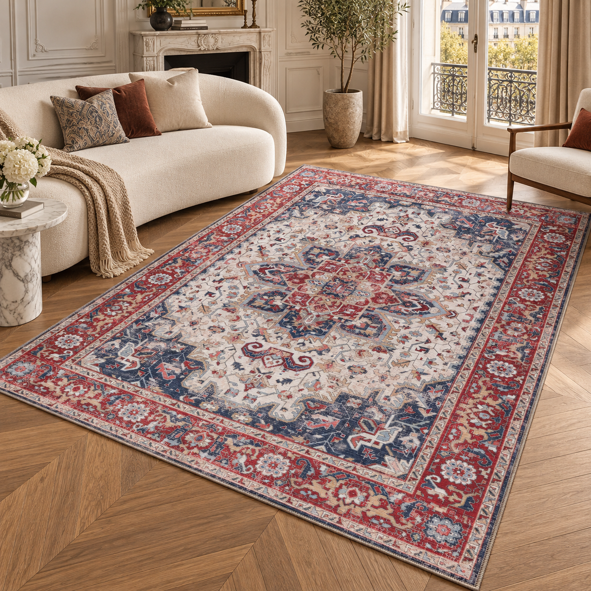 Germanica Washable 1323 — washable 1323 ivory navy red medallion living room rug 01