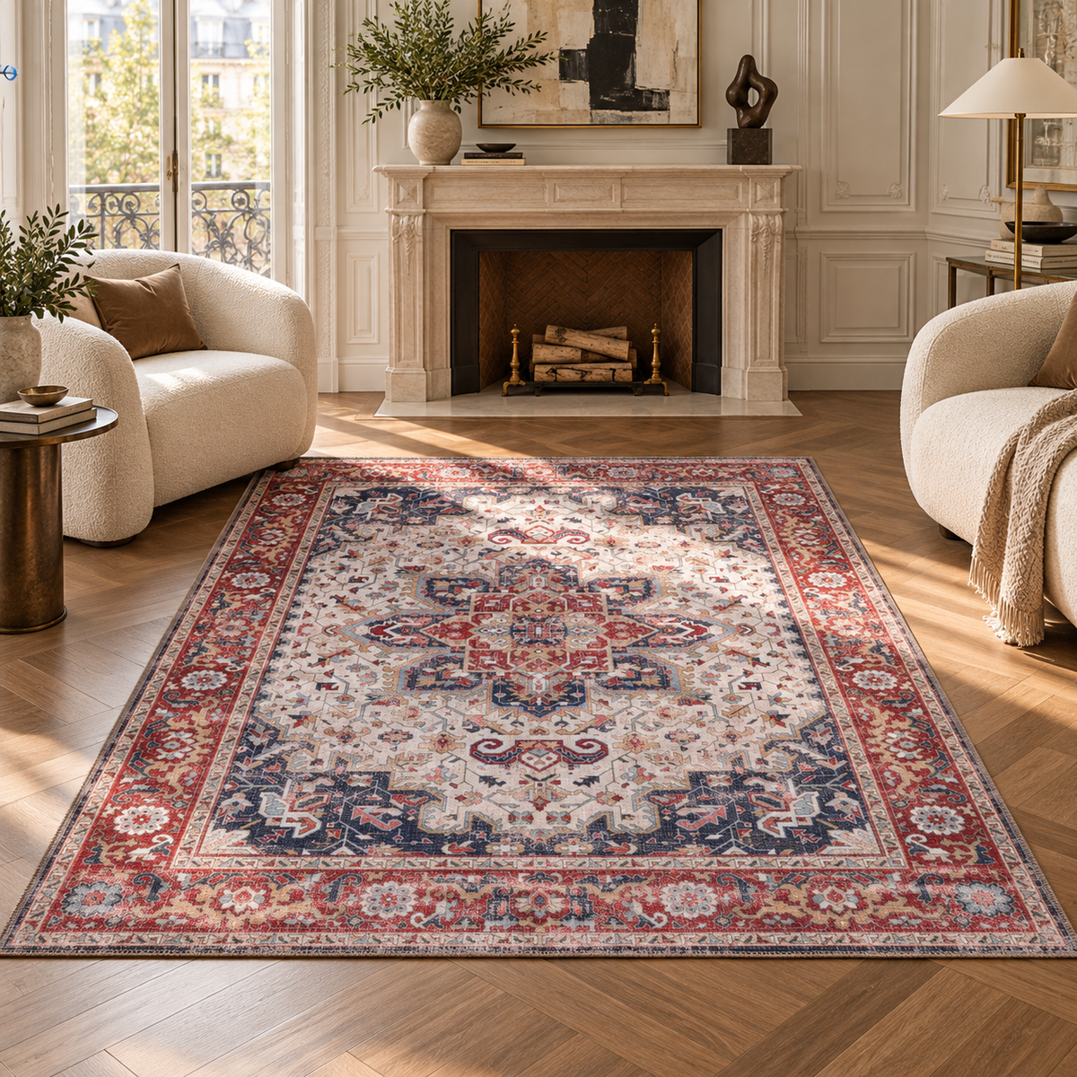 Germanica Washable 1323 — washable 1323 ivory navy red medallion living room rug 02