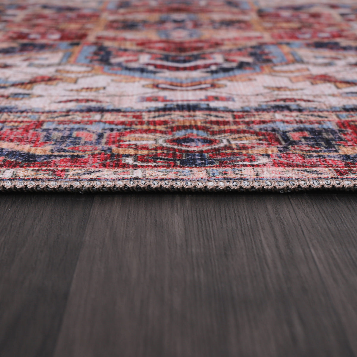 Germanica Washable 1323 — washable 1323 ivory navy red medallion pile close up rug 16