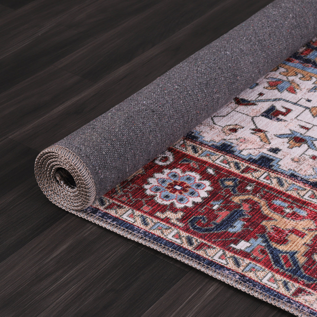 Germanica Washable 1323 — washable 1323 ivory navy red medallion rolled non slip backing rug 15