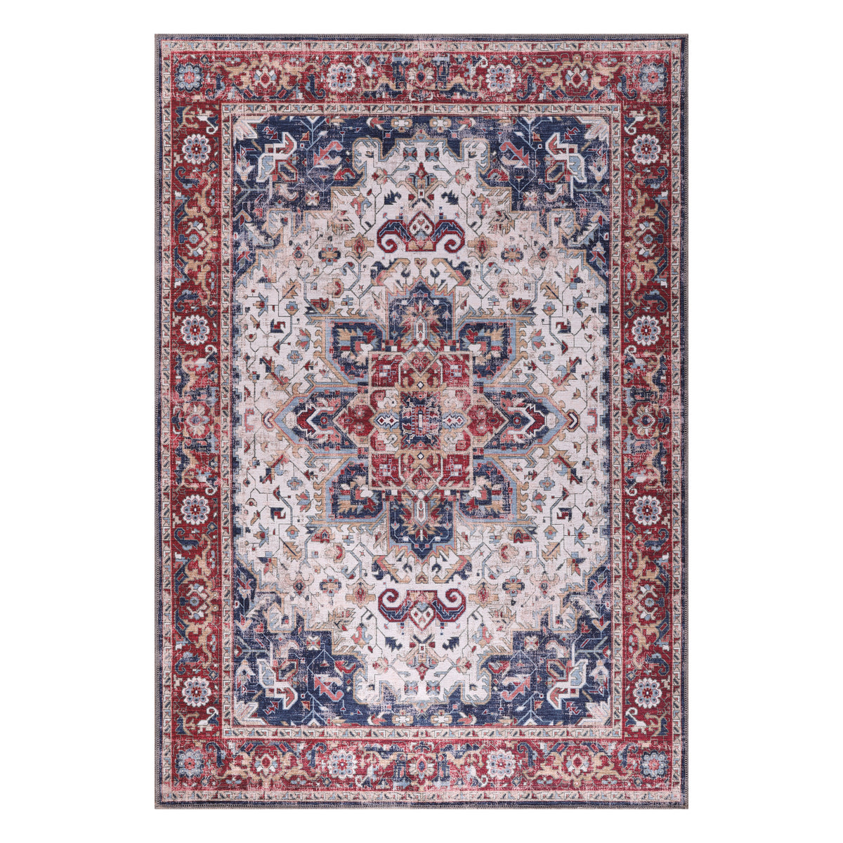 Germanica Washable 1323 — washable 1323 ivory navy red medallion top view rug 14