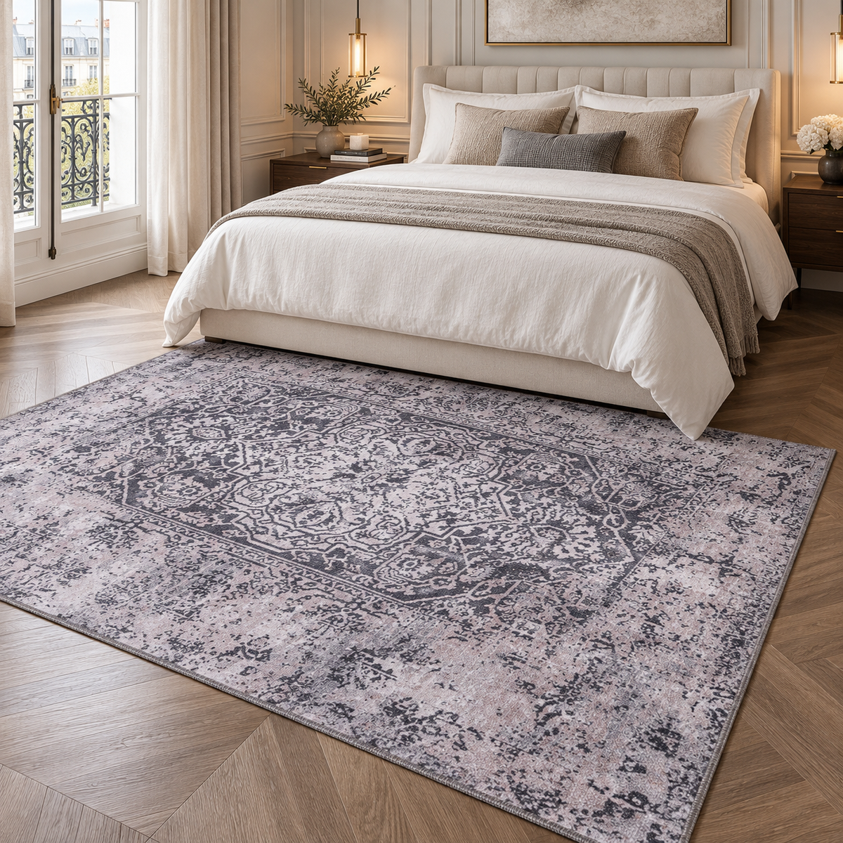 Germanica Washable 1338 — washable 1338 charcoal grey distressed medallion bedroom rug 06
