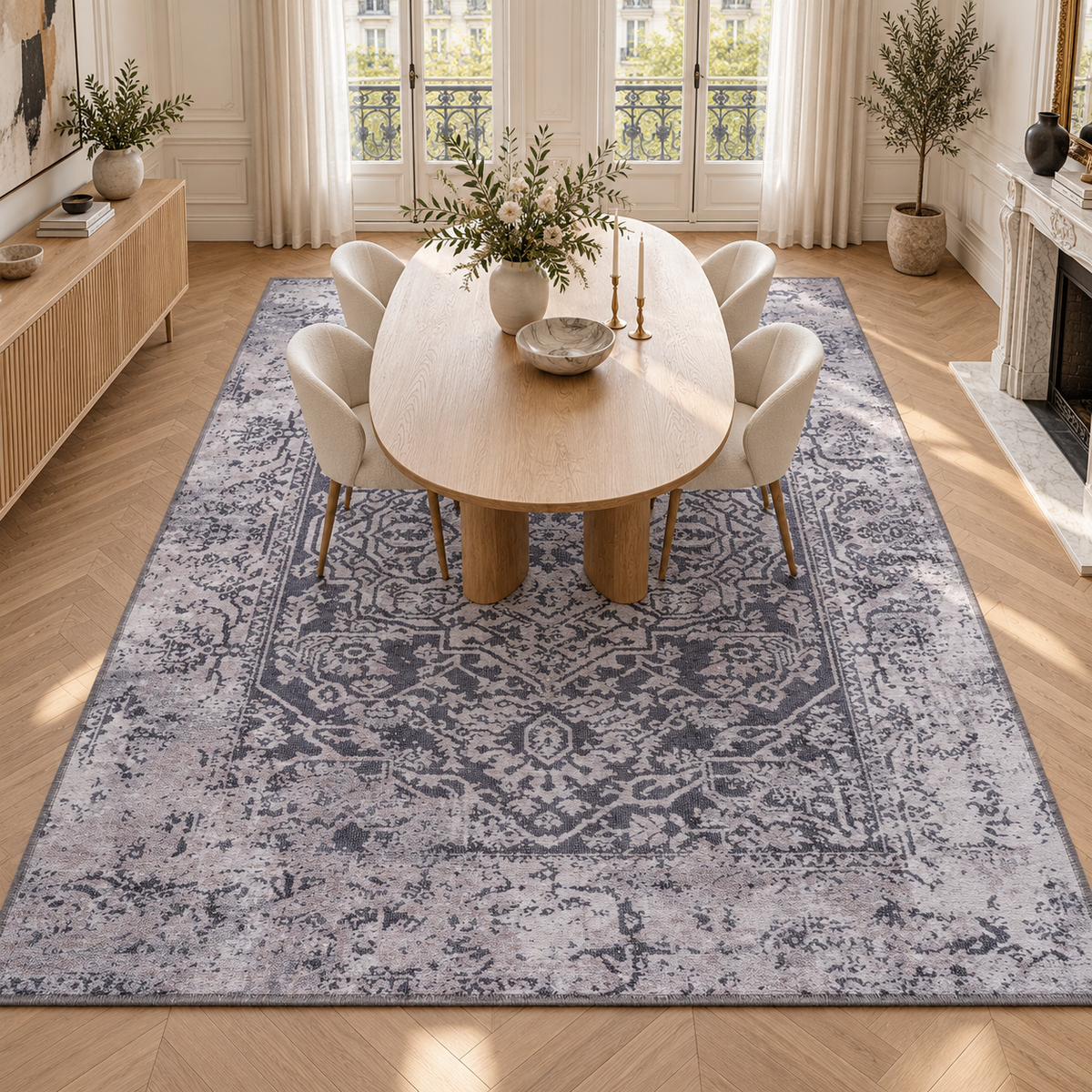 Germanica Washable 1338 — washable 1338 charcoal grey distressed medallion dining room rug 05