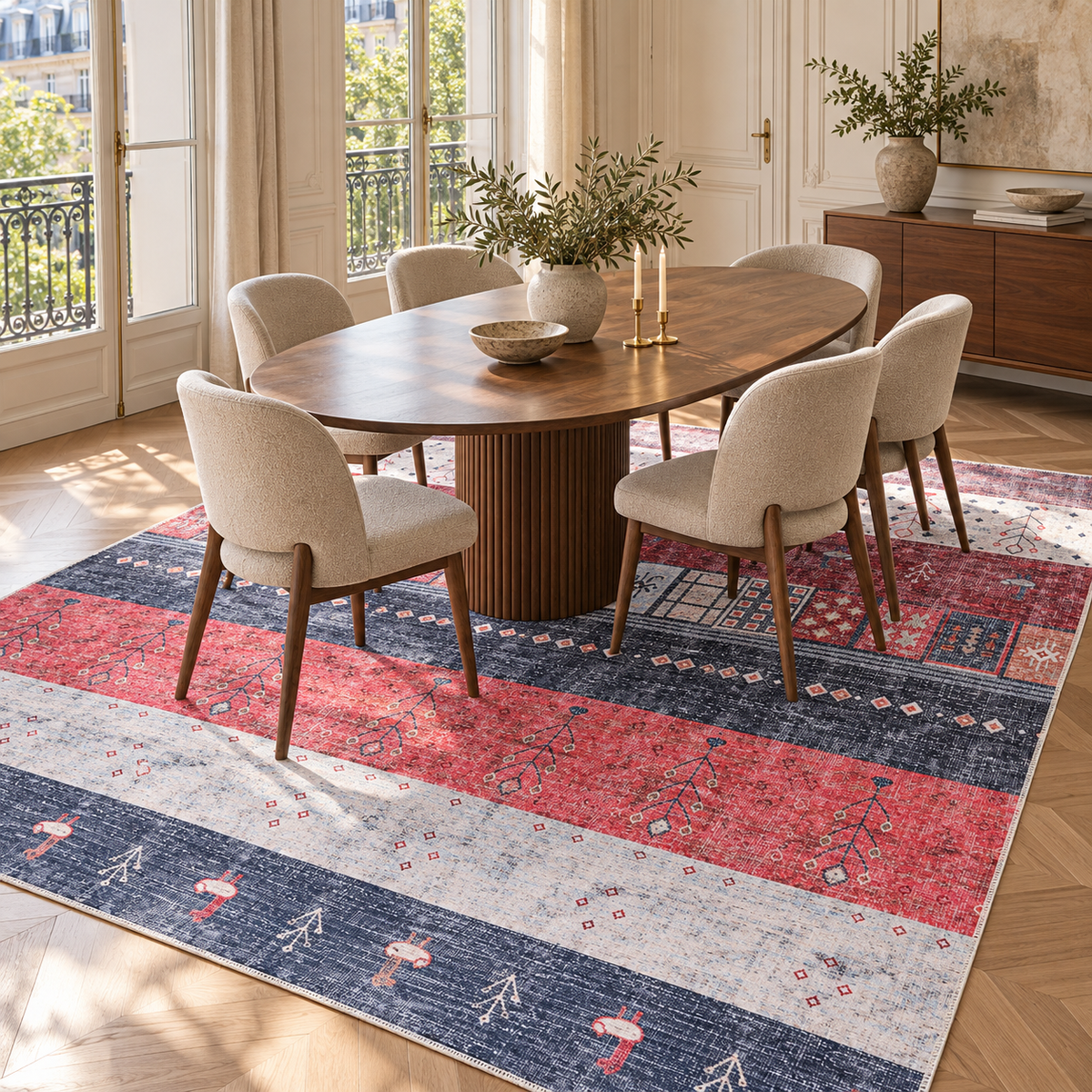 Germanica Washable 1339 — washable 1339 red navy striped tribal dining room rug 06