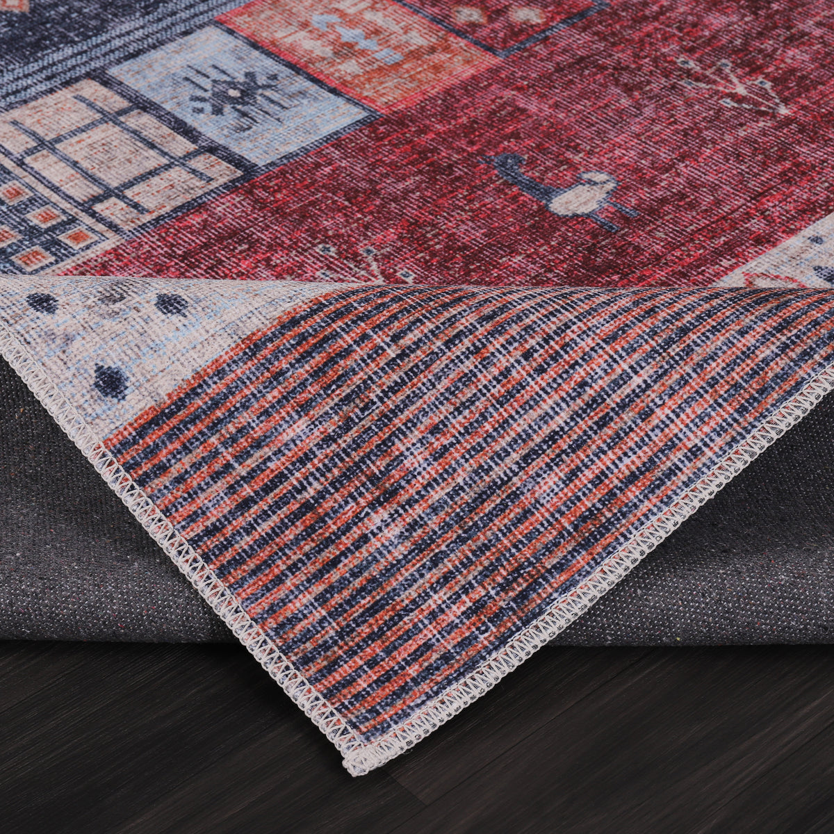 Germanica Washable 1339 — washable 1339 red navy striped tribal folded corner close up rug 17
