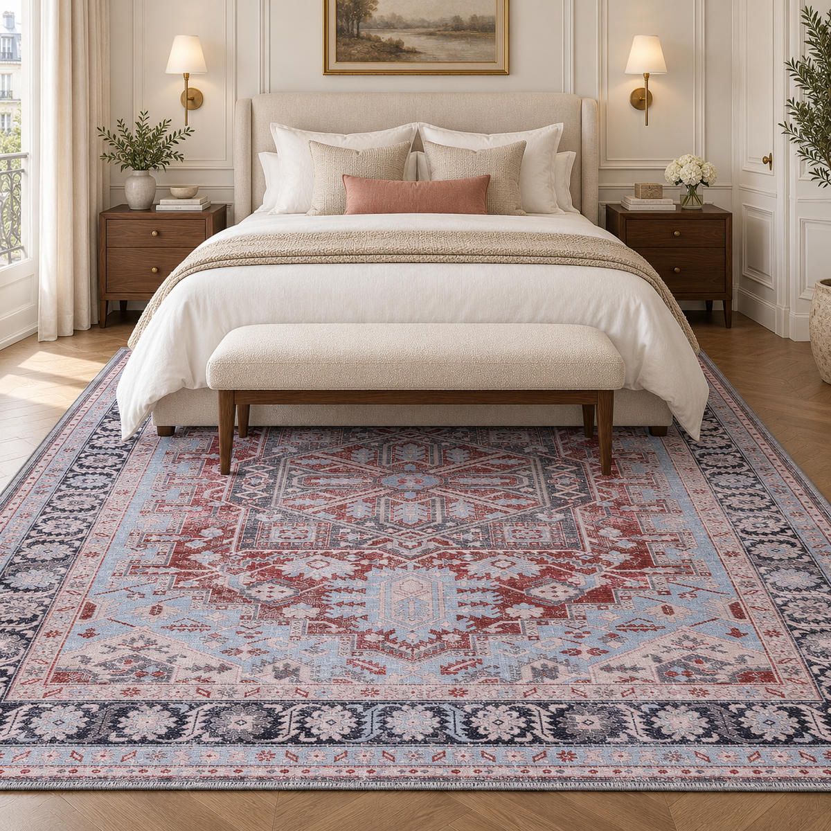 Germanica Washable K1 — washable k1 ice blue red medallion bedroom rug 02