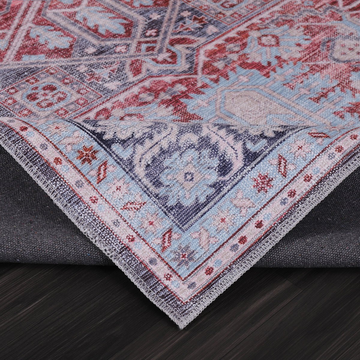 Germanica Washable K1 — washable k1 ice blue red medallion folded corner close up rug 17