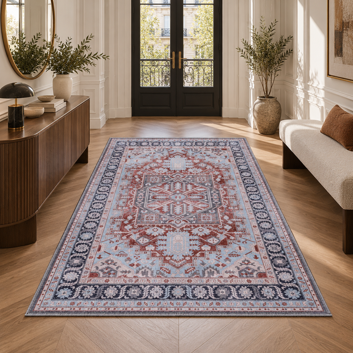 Germanica Washable K1 — washable k1 ice blue red medallion hallway entrance rug 08