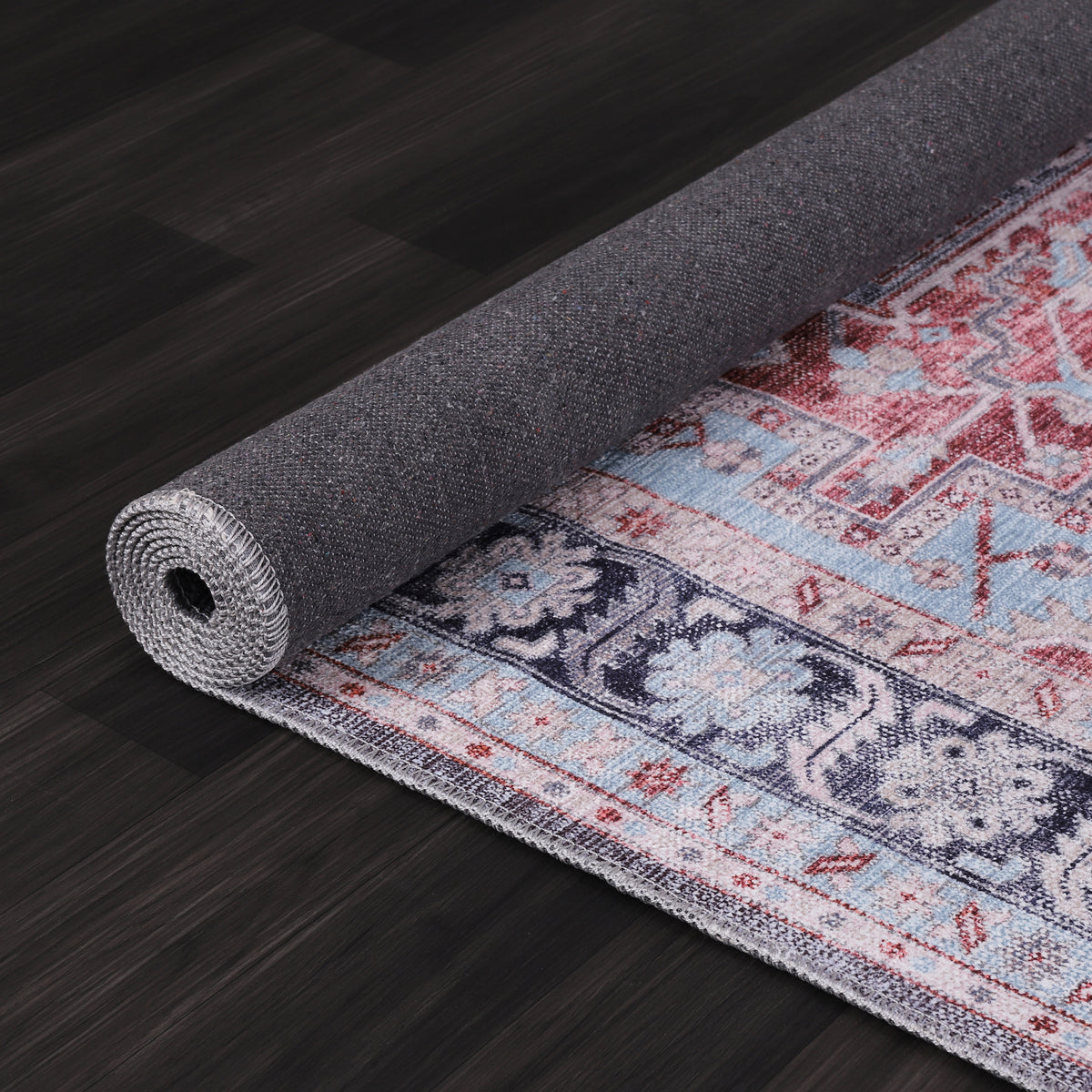 Germanica Washable K1 — washable k1 ice blue red medallion rolled non slip backing rug 15