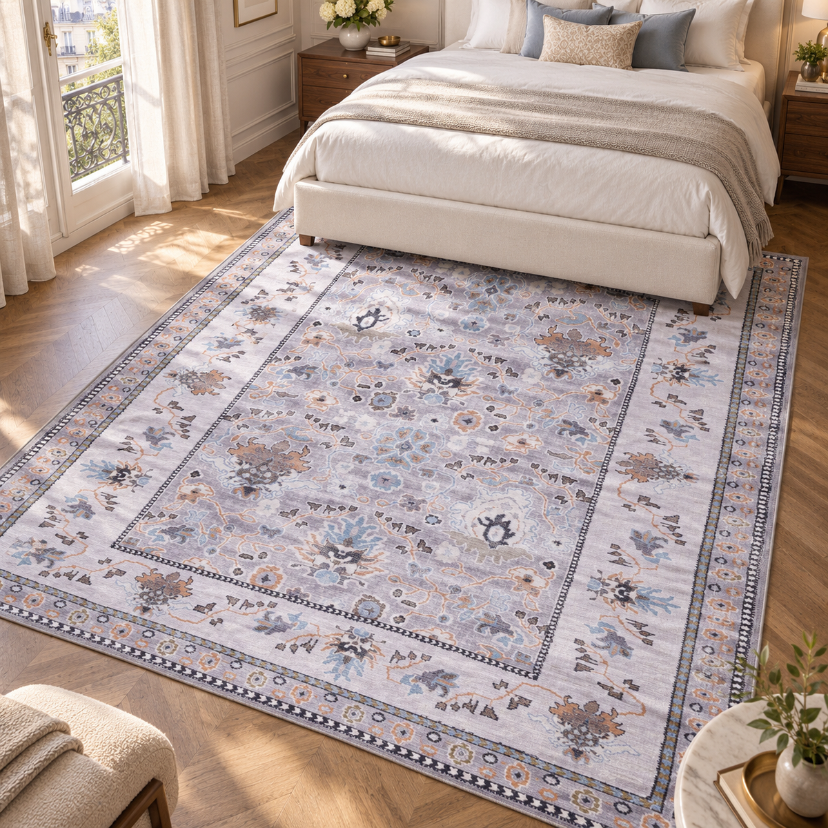 Germanica Washable LD0015 — washable ld0015 grey lilac floral bedroom rug 04