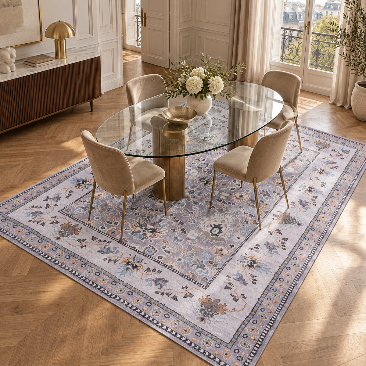 Germanica Washable LD0015 — washable ld0015 grey lilac floral dining room rug 07
