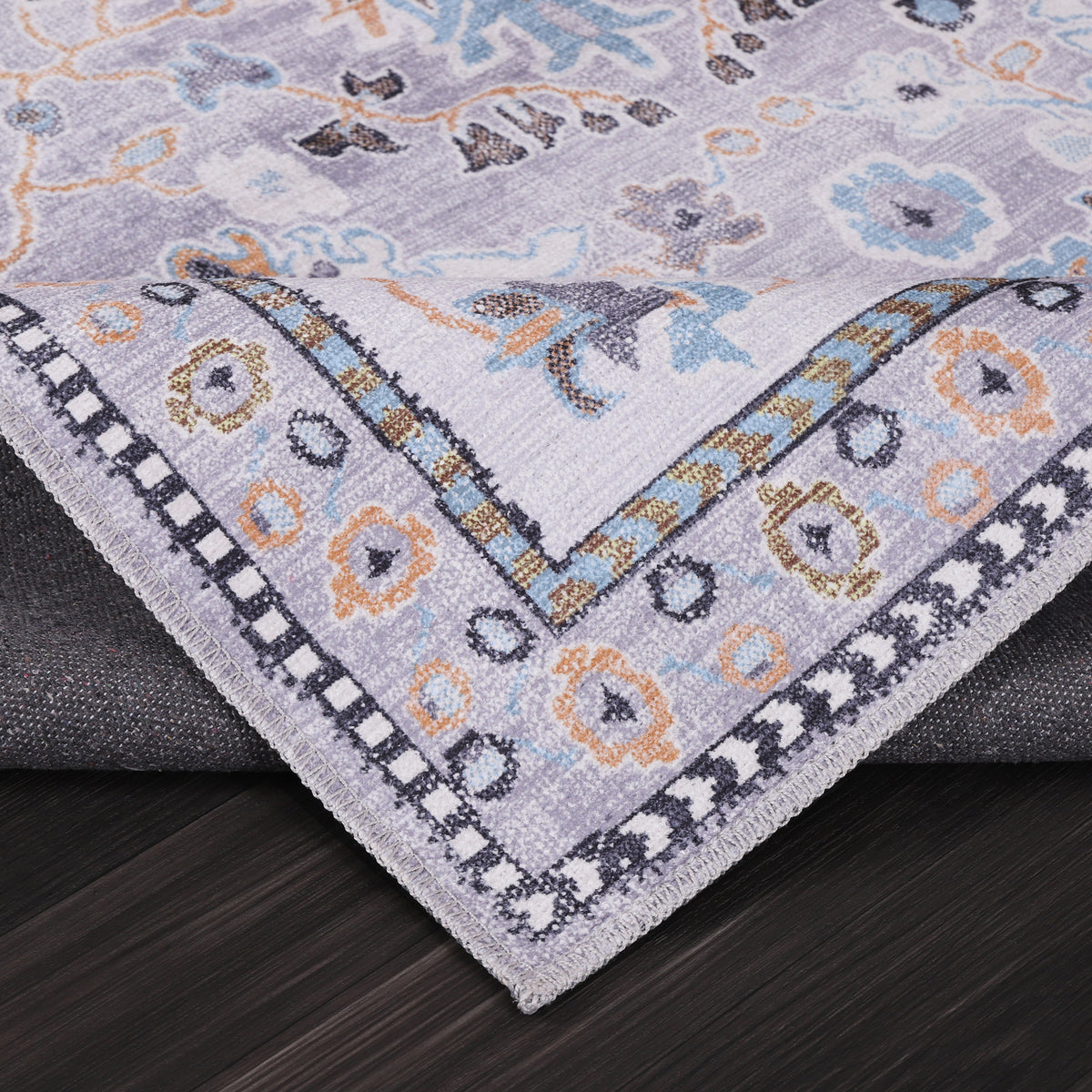 Germanica Washable LD0015 — washable ld0015 grey lilac floral folded corner close up rug 17