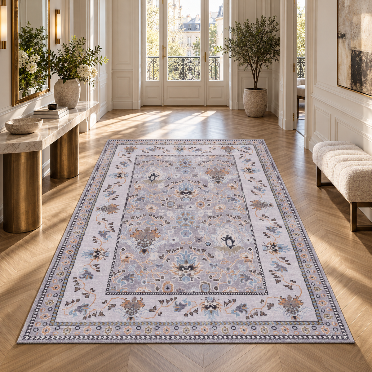 Germanica Washable LD0015 — washable ld0015 grey lilac floral hallway entrance rug 10