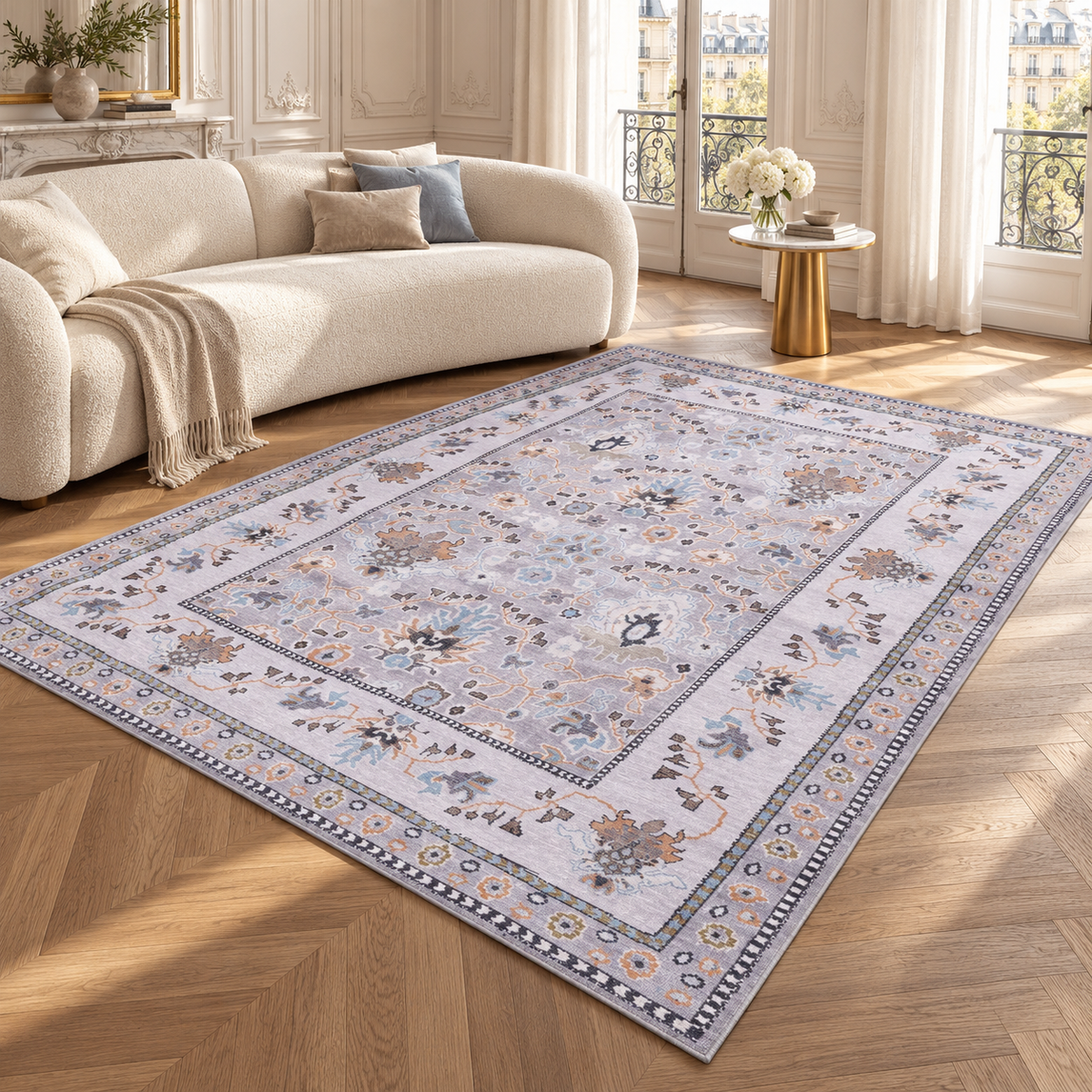 Germanica Washable LD0015 — washable ld0015 grey lilac floral living room rug 01