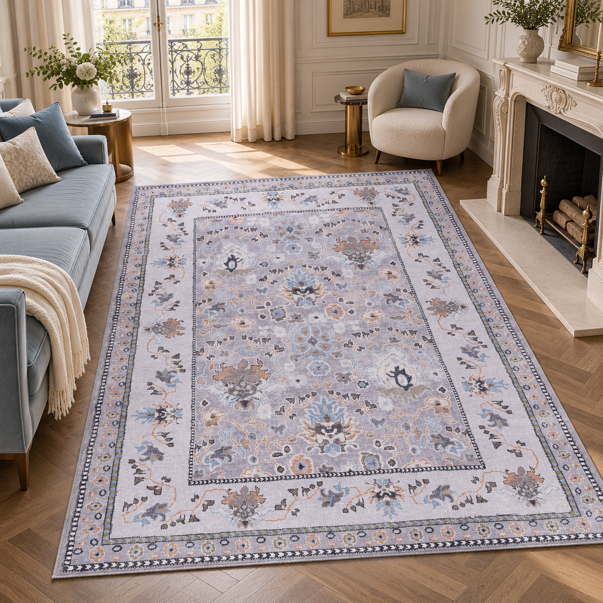 Germanica Washable LD0015 — washable ld0015 grey lilac floral living room rug 03