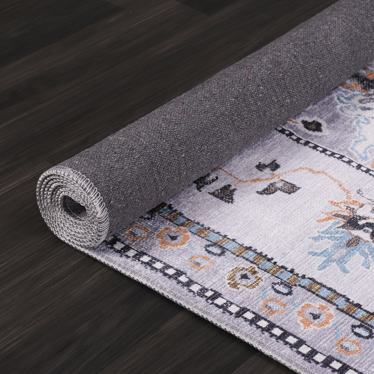 Germanica Washable LD0015 — washable ld0015 grey lilac floral rolled non slip backing rug 15