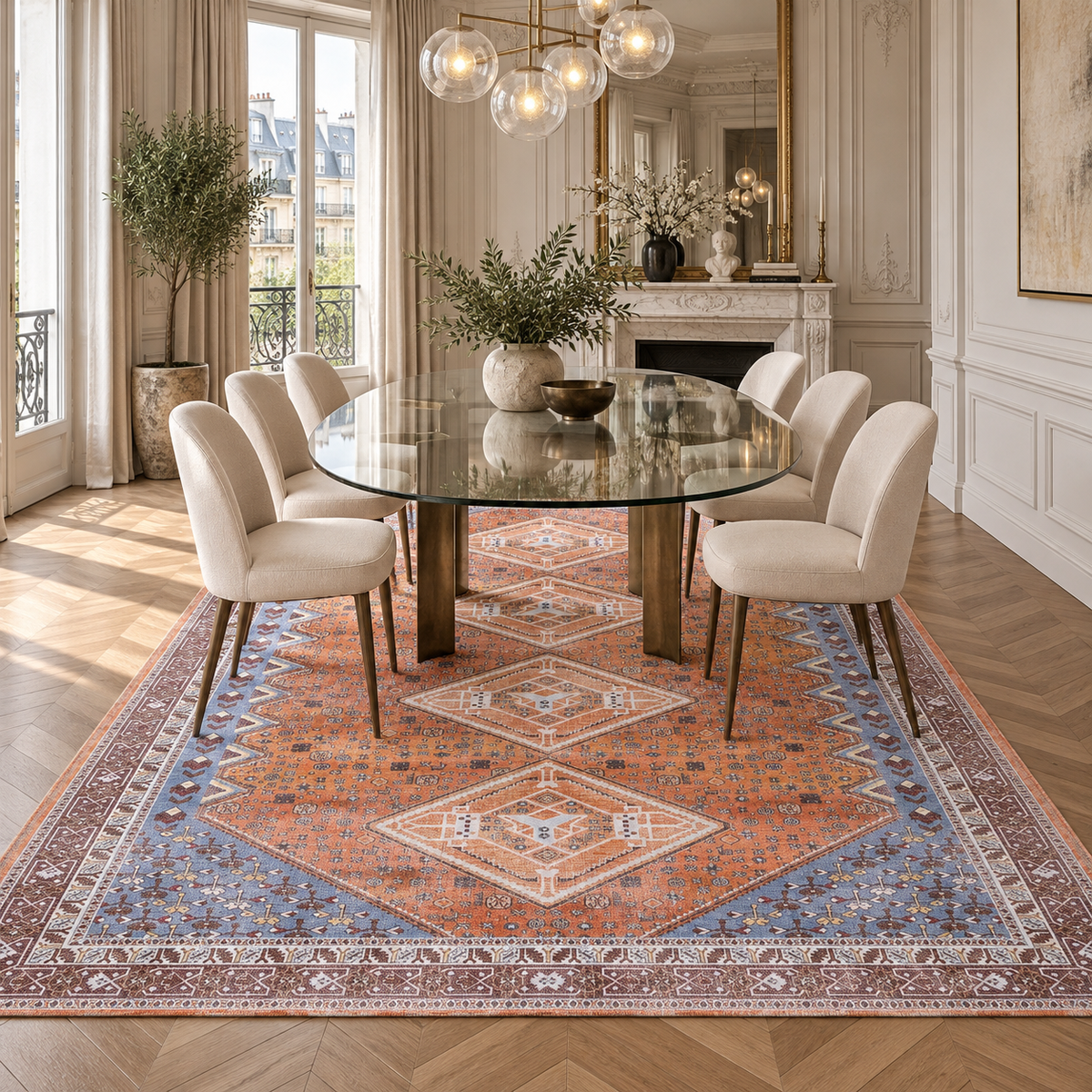 Germanica Washable R1 — washable r1 terracotta blue diamond tribal dining room rug 04