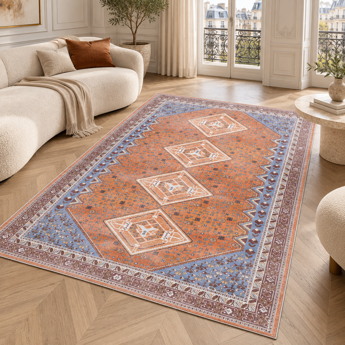 Germanica Washable R1 — washable r1 terracotta blue diamond tribal living room rug 01
