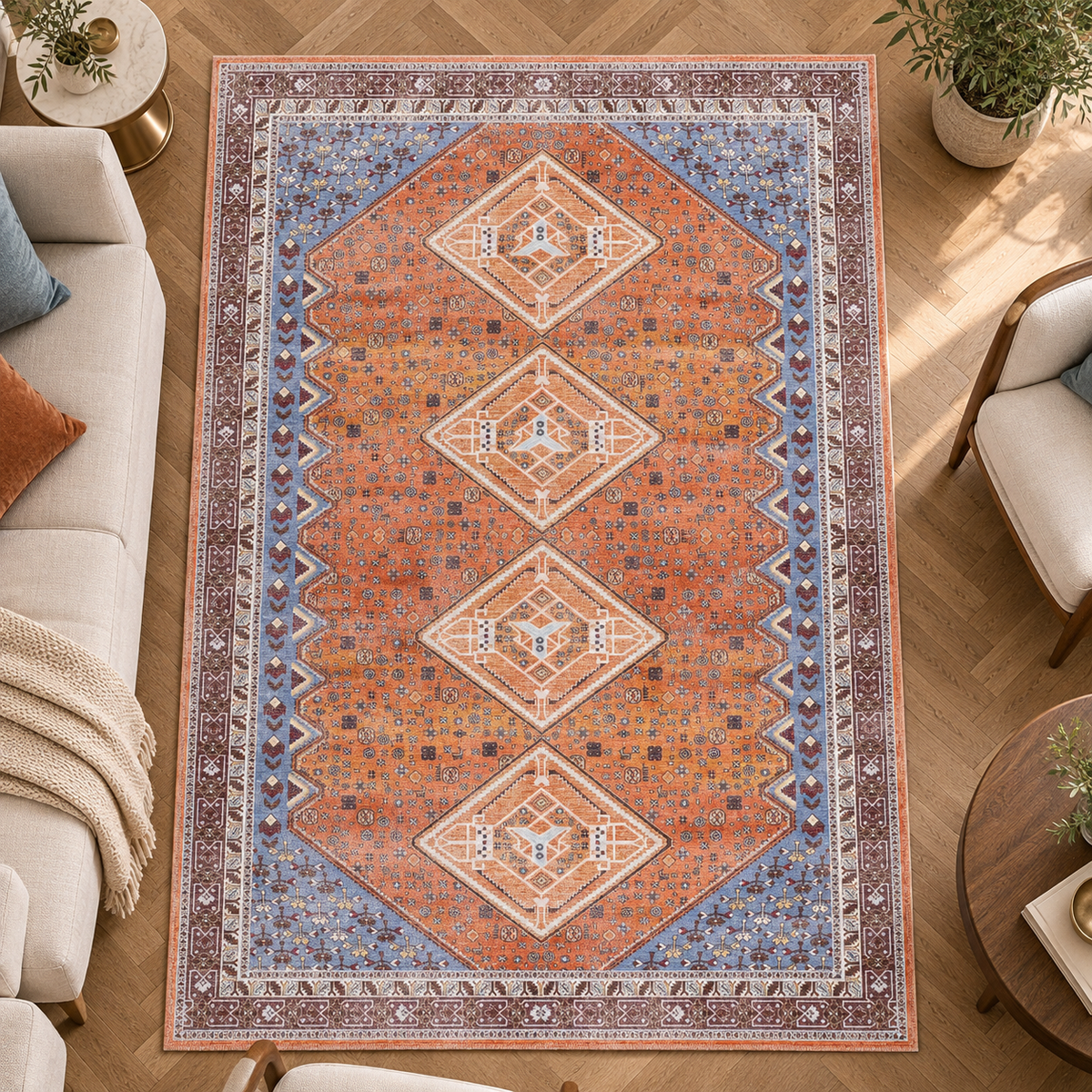 Germanica Washable R1 — washable r1 terracotta blue diamond tribal living room rug 11