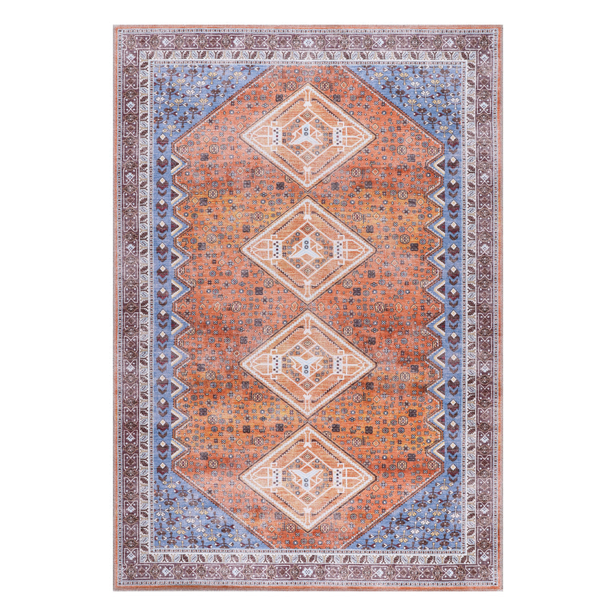 Quadriga Terracotta Blue Diamond Washable Rug