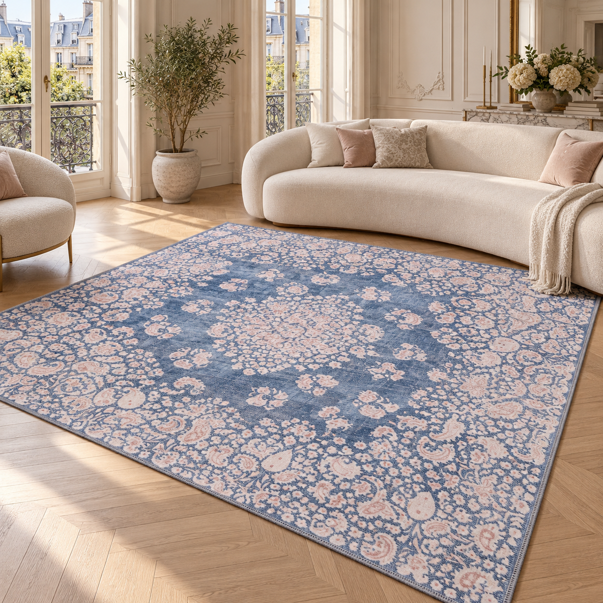 Germanica Washable R3 — washable r3 denim blue floral living room rug 01