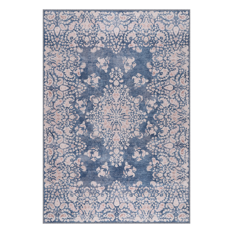 Euphrates Denim Blue Floral Washable Rug