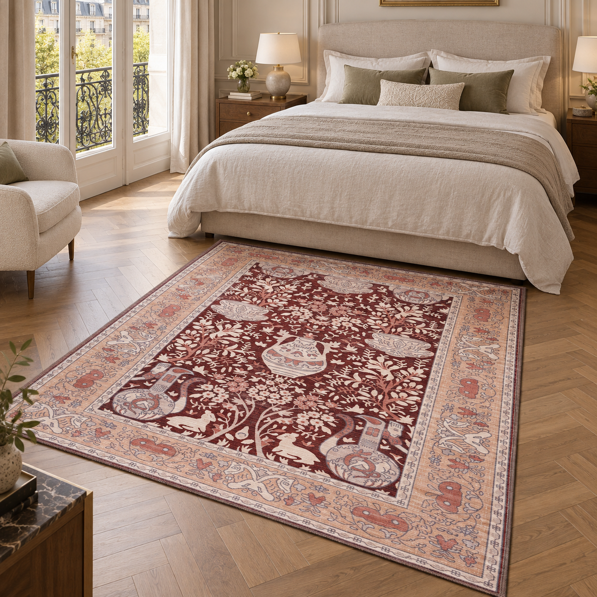 Germanica Washable R4 — washable r4 burgundy floral vase bedroom rug 04