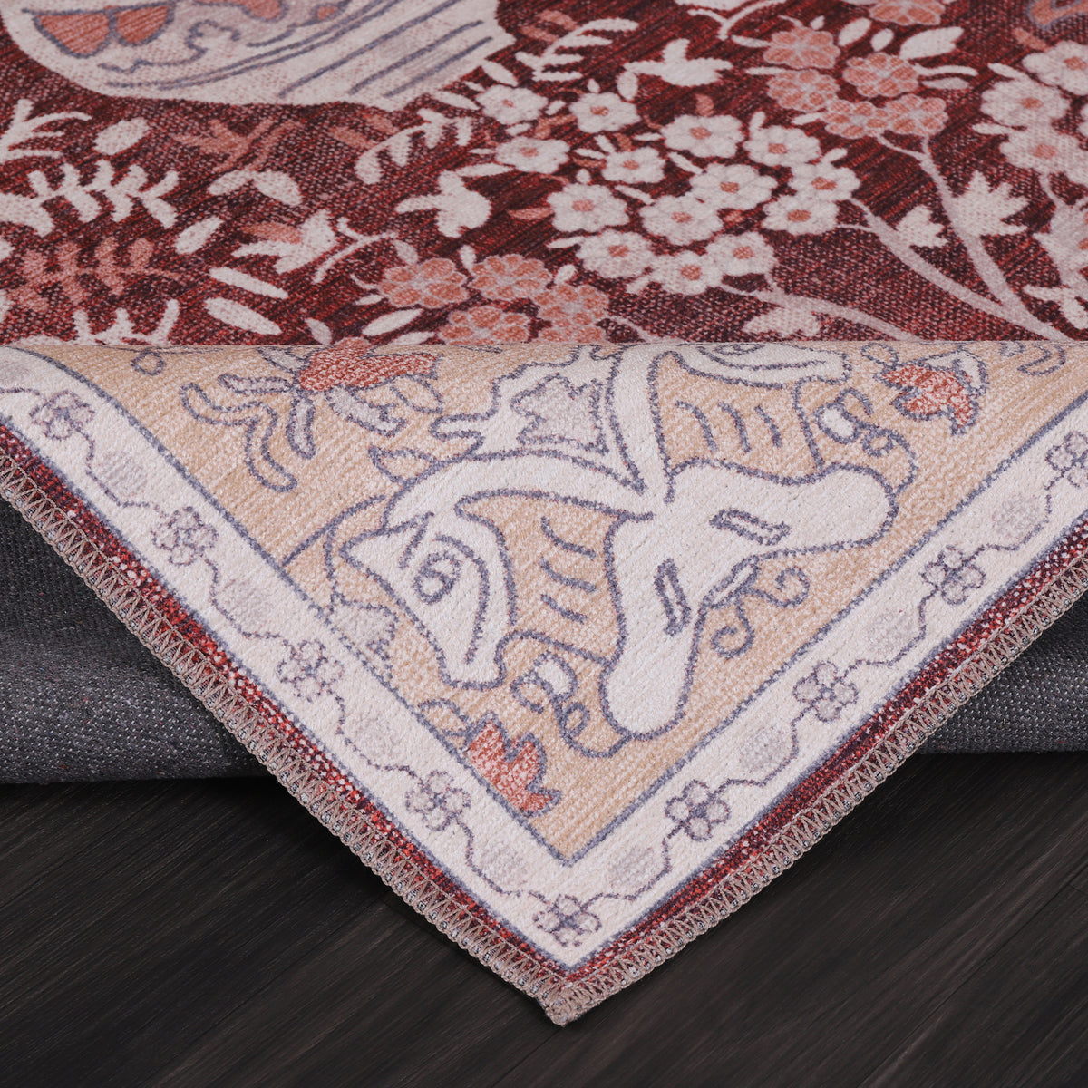 Germanica Washable R4 — washable r4 burgundy floral vase folded corner close up rug 17
