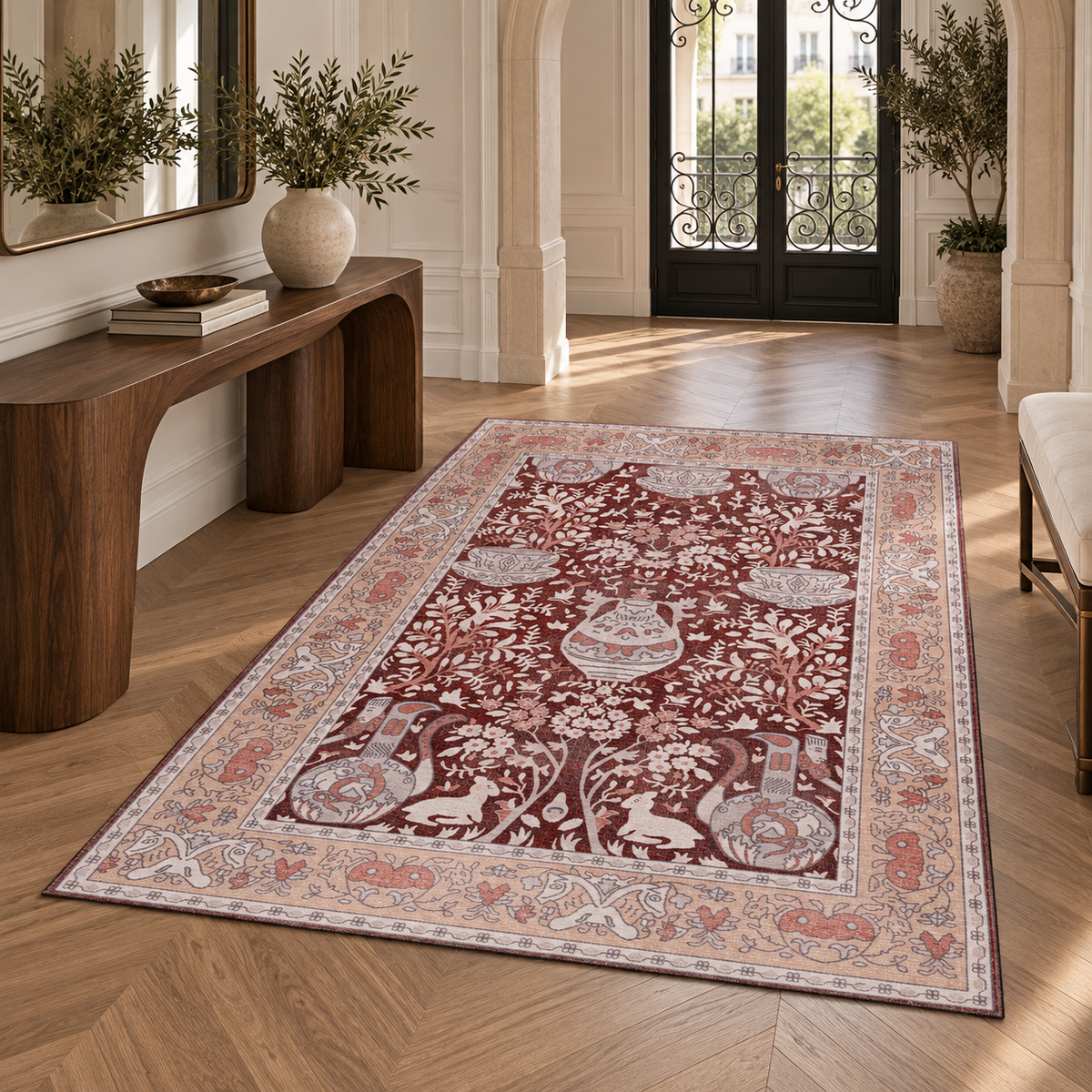 Germanica Washable R4 — washable r4 burgundy floral vase hallway entrance rug 08