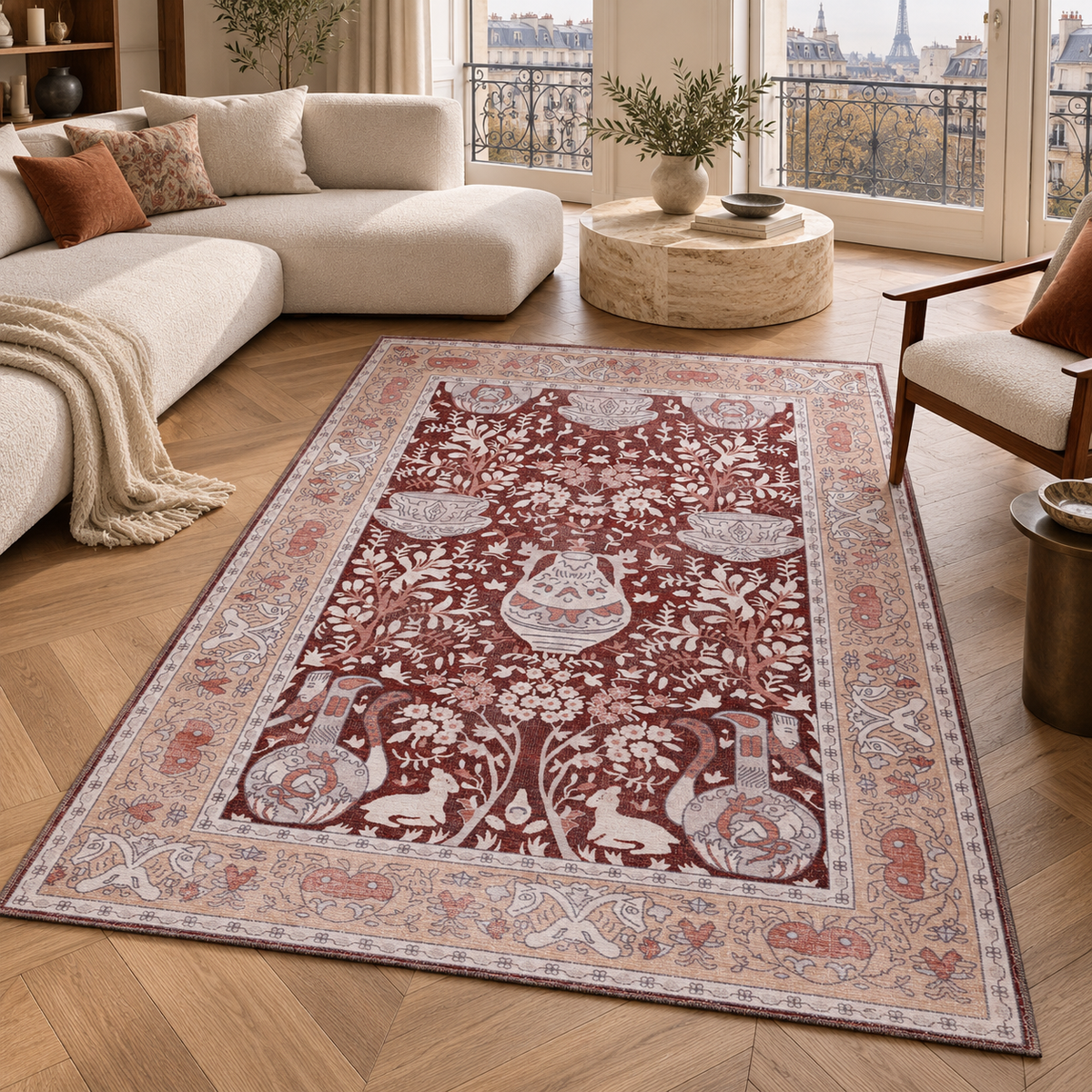Germanica Washable R4 — washable r4 burgundy floral vase living room rug 02