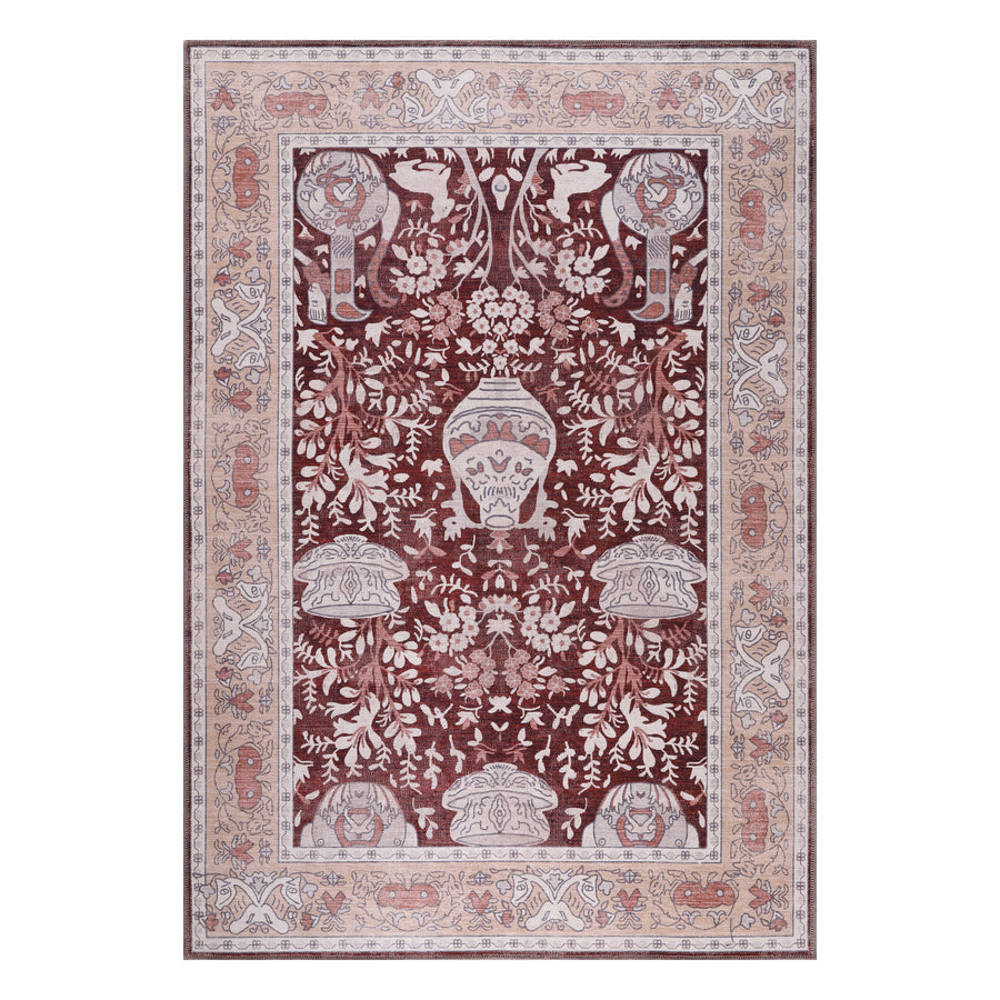 Paradeisos Burgundy Blush Floral Vase Washable Rug