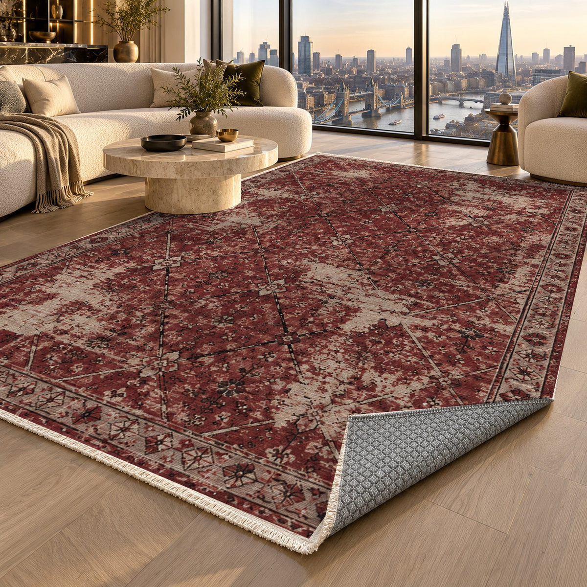 Ghost Lattice Burgundy Red Vintage Washable Rug — london luxury living