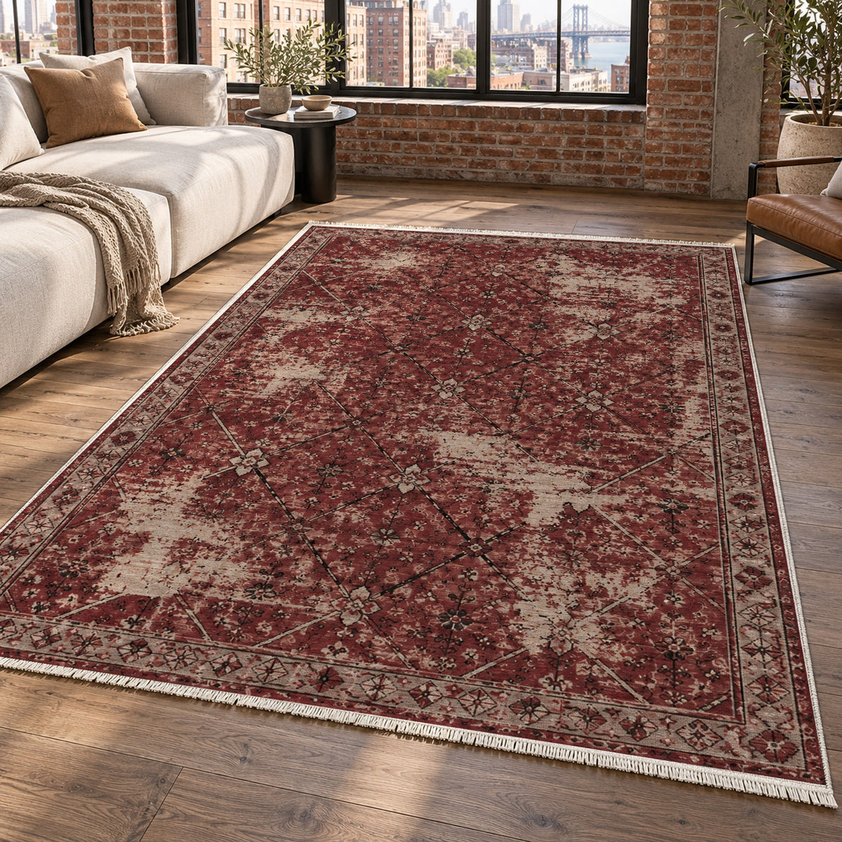 Ghost Lattice Burgundy Red Vintage Washable Rug — new york living