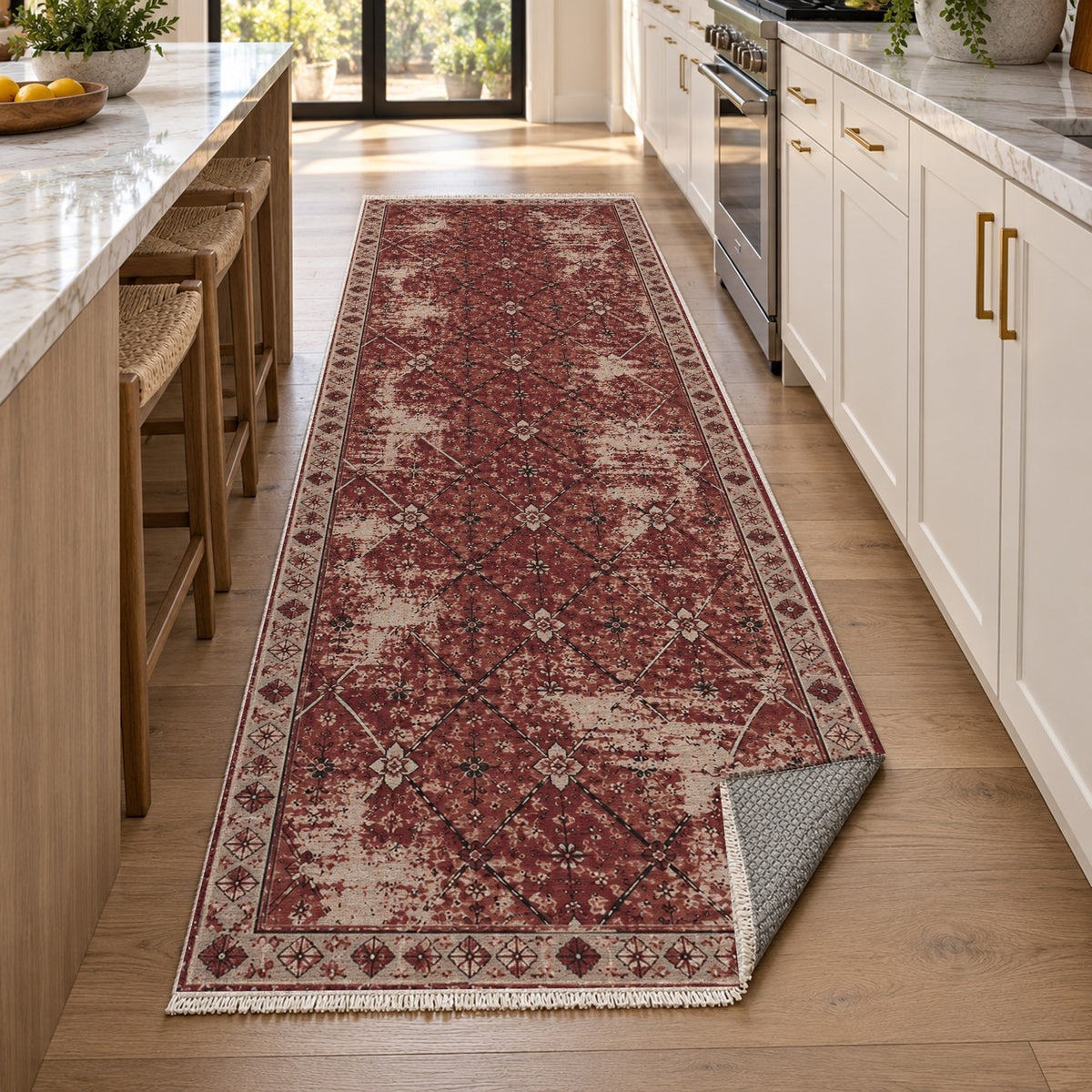 Ghost Lattice Burgundy Red Vintage Washable Rug — new york kitchen runner
