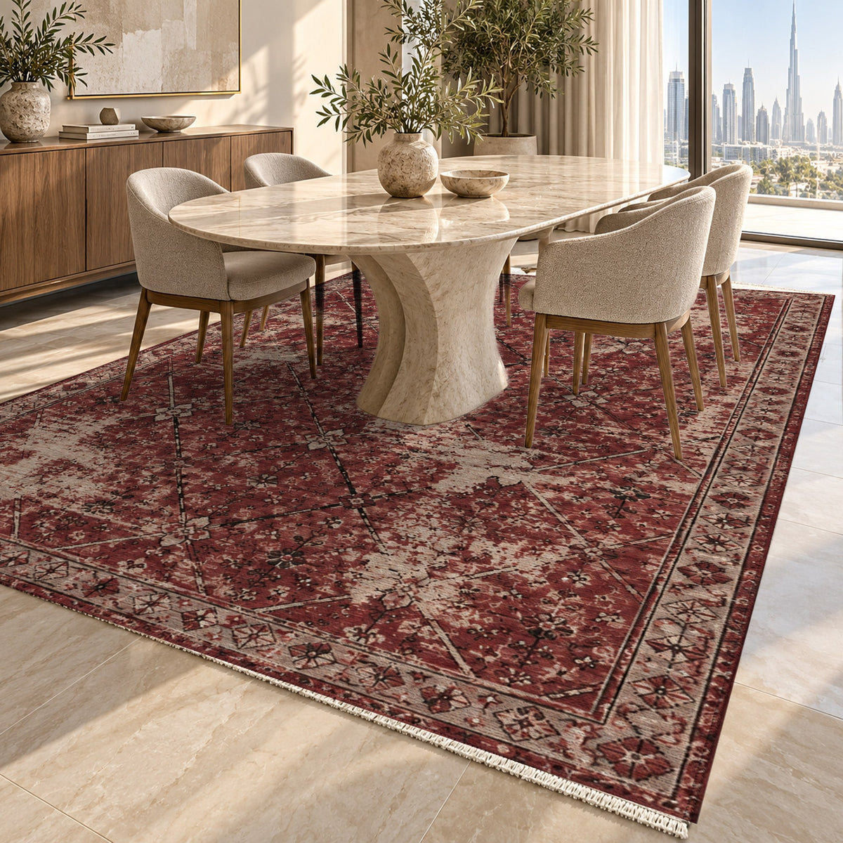 Ghost Lattice Burgundy Red Vintage Washable Rug — dubai dining