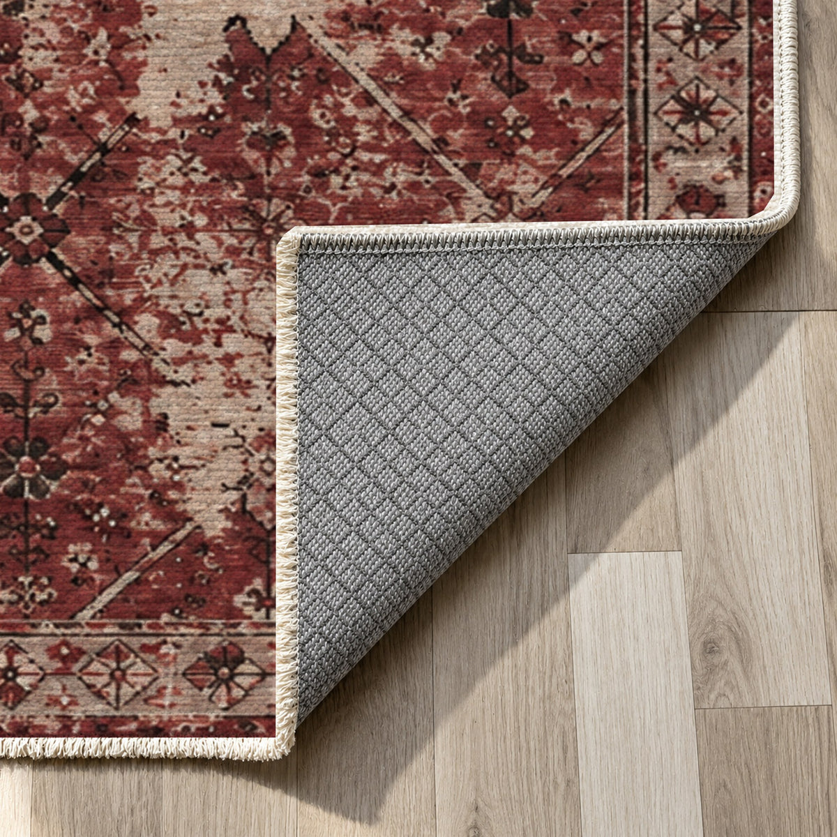 Ghost Lattice Burgundy Red Vintage Washable Rug — backing close up