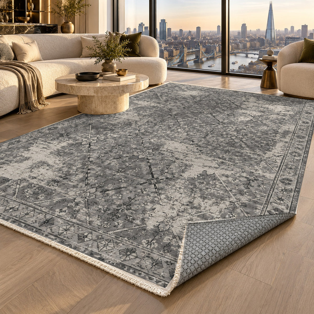 Ghost Lattice Charcoal Silver Vintage Washable Rug — london luxury living