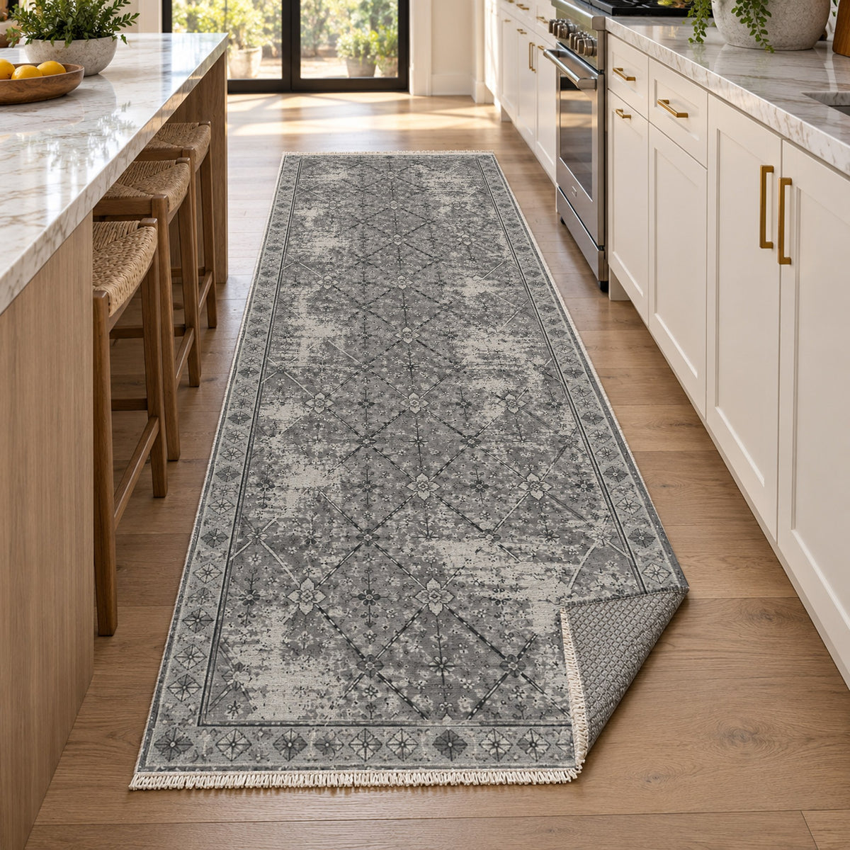 Ghost Lattice Charcoal Silver Vintage Washable Rug — new york kitchen runner