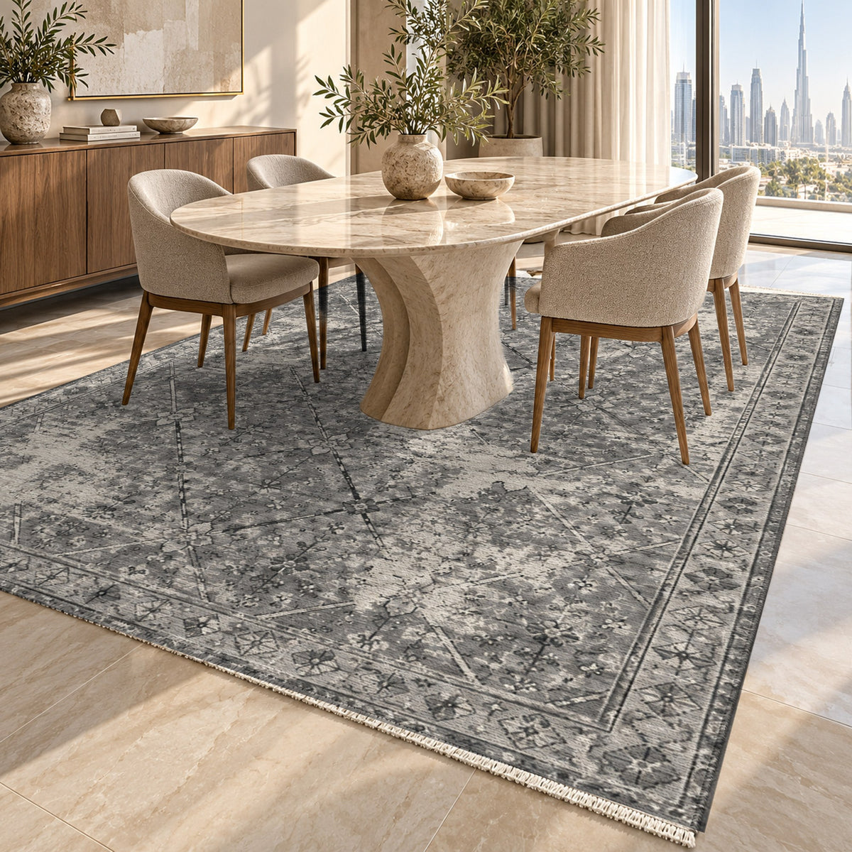Ghost Lattice Charcoal Silver Vintage Washable Rug — dubai dining