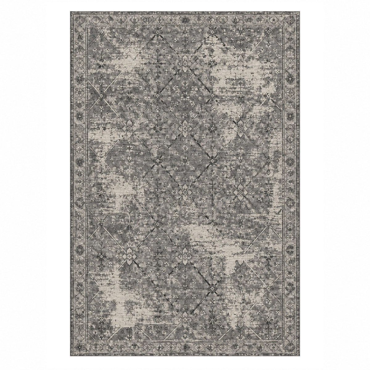Ghost Lattice Charcoal Silver Vintage Washable Rug — top view